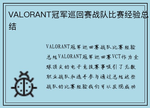 VALORANT冠军巡回赛战队比赛经验总结