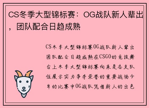 CS冬季大型锦标赛：OG战队新人辈出，团队配合日趋成熟