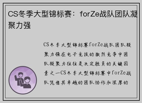 CS冬季大型锦标赛：forZe战队团队凝聚力强